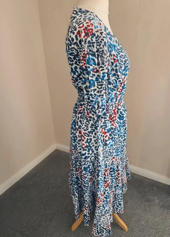 Next Multicoloured Animal Print Midi Wrap Dress with Puff Sleeves Size 12