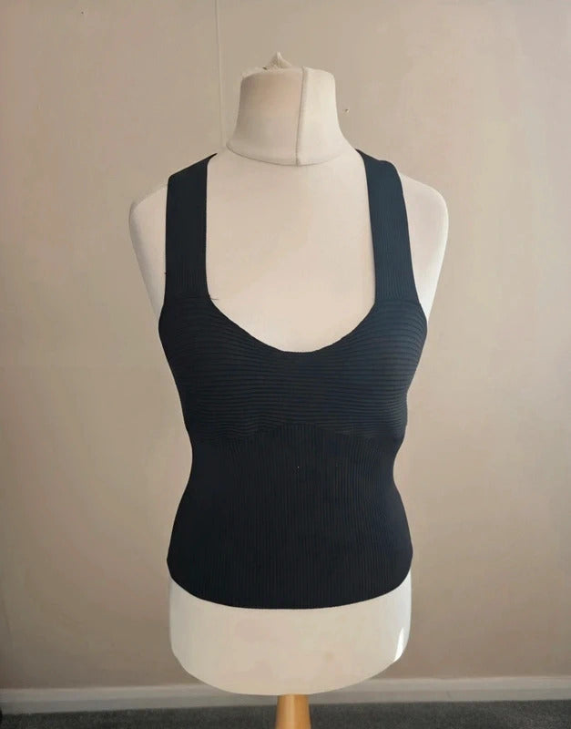Primark The Edit Black Ribbed Cross Back Bodycon Top S Size 10-12