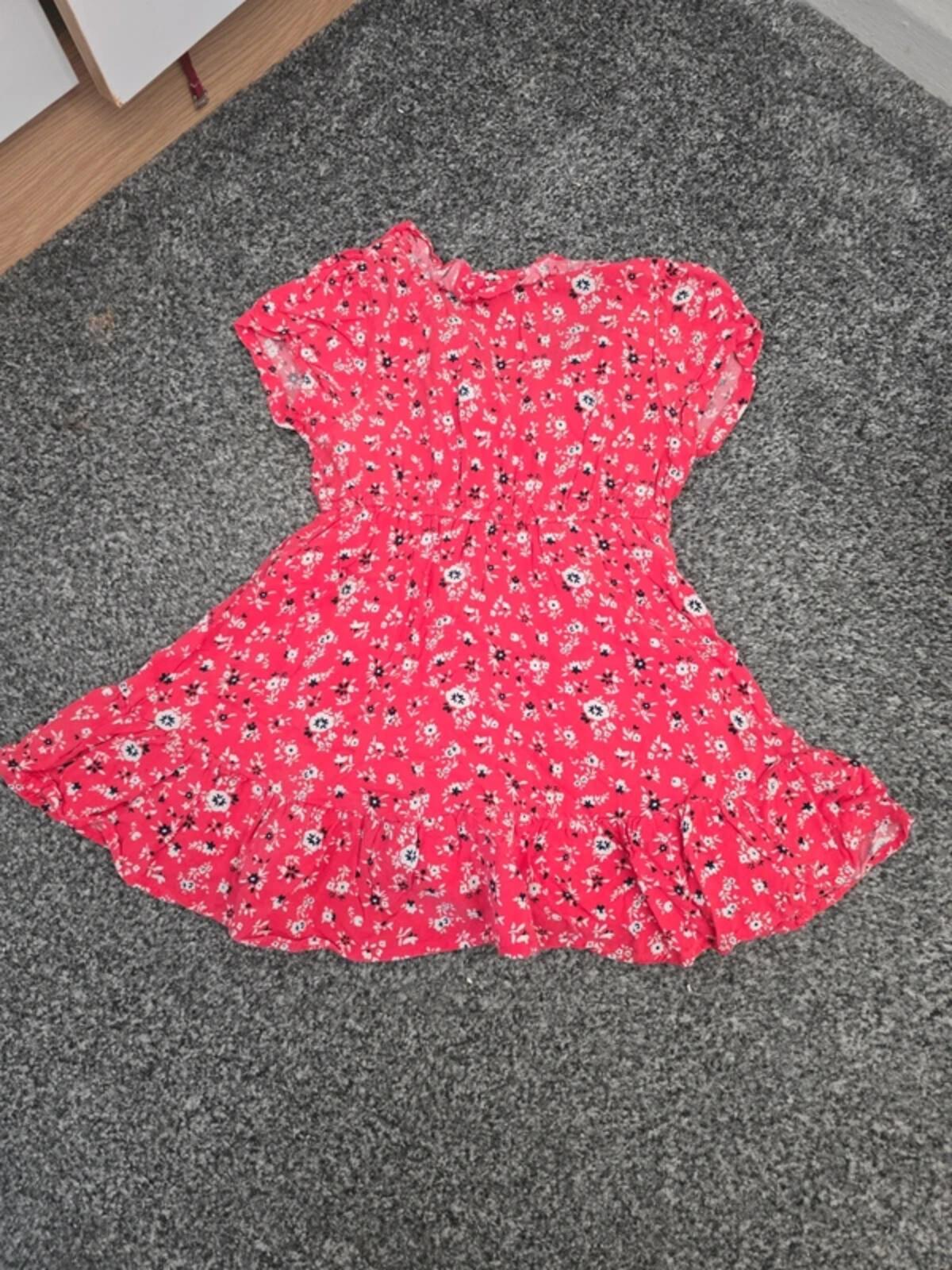 Primark Girls Bright Pink Ditsy Floral Frill Wrap Summer Dress Age 12-18 Months