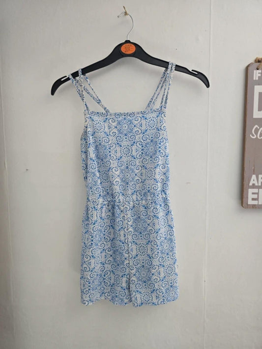 Primark Girls Blue & White Patterned Playsuit - Age 8-9 Years
