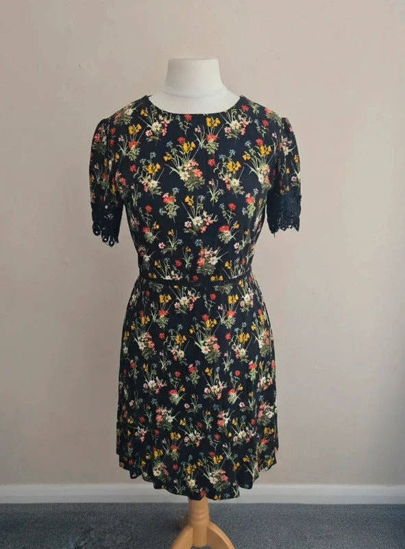 Oasis Black Floral Lace Detail Dress Size 10