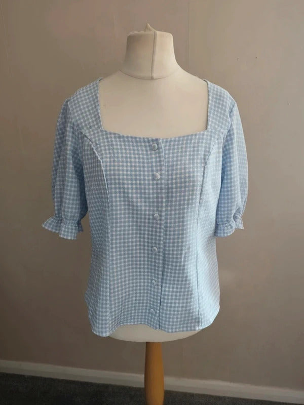 New Look Light Blue & White Gingham Checked Square Neck Top NWT Size 16