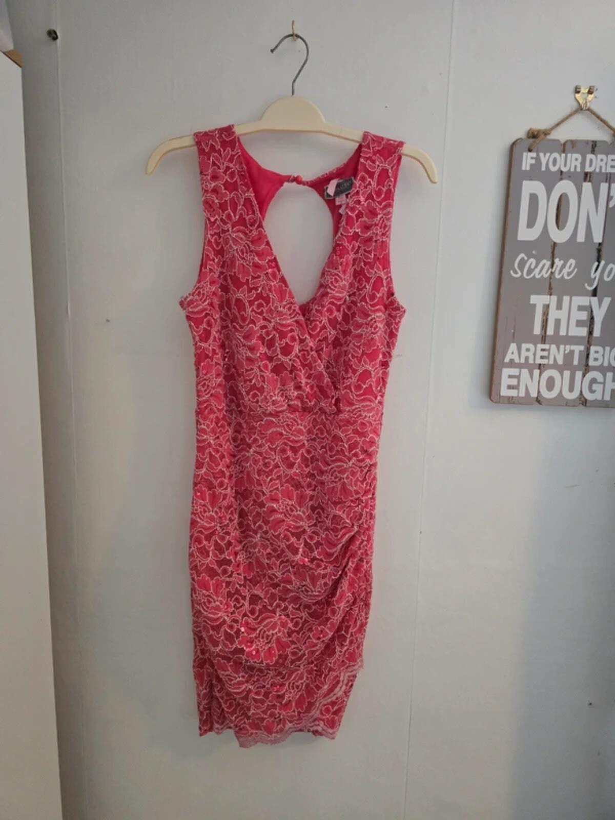 Lipsy Pink & White Sequin Lace Ruched Bodycon Dress Size 12