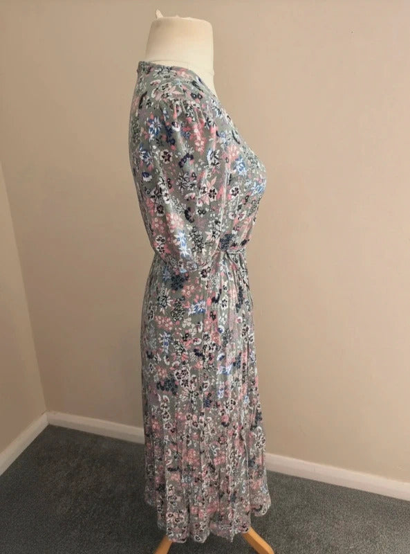 Marks & Spencer Sage Green & Pink Floral Puff Sleeve Midi Dress Size 10