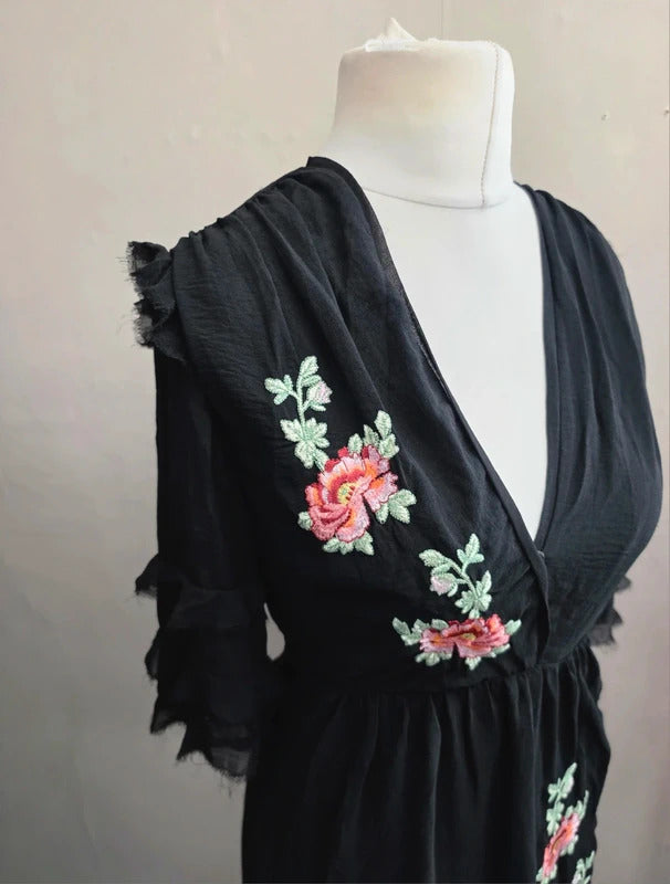 Topshop Black Embroidered Floral Frilly Flared Dress Size 10