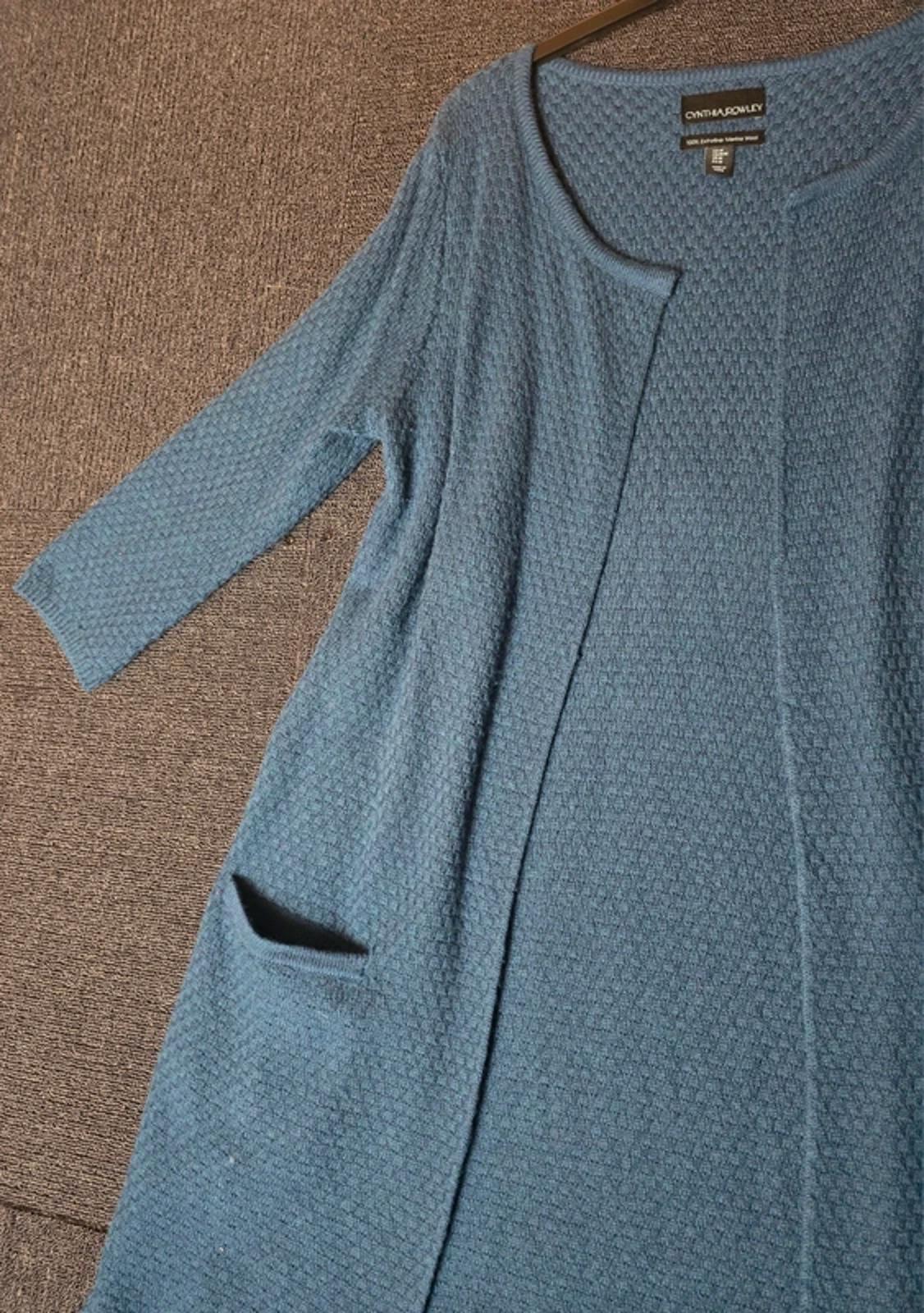 Cynthia Rowley blue midi knitted cardigan 100 merino wool M size 12/14