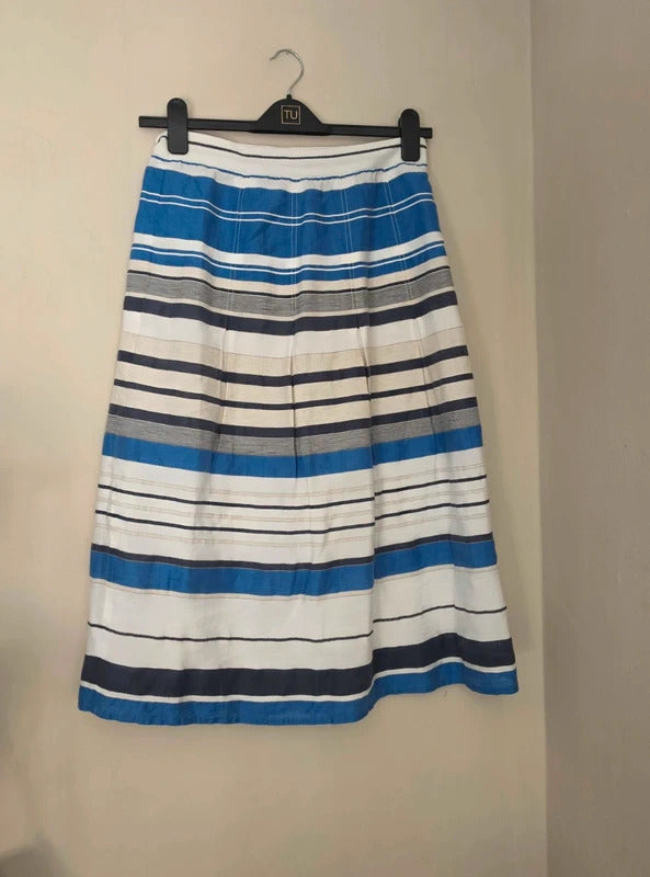 Country Casuals Women's Blue & White Striped Linen Blend Midi Skirt Size 10