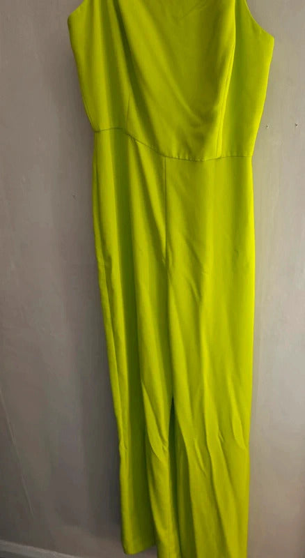 Mango Bright Lime Green Sleeveless Asymmetric Flared Jumpsuit Med Size 10-12
