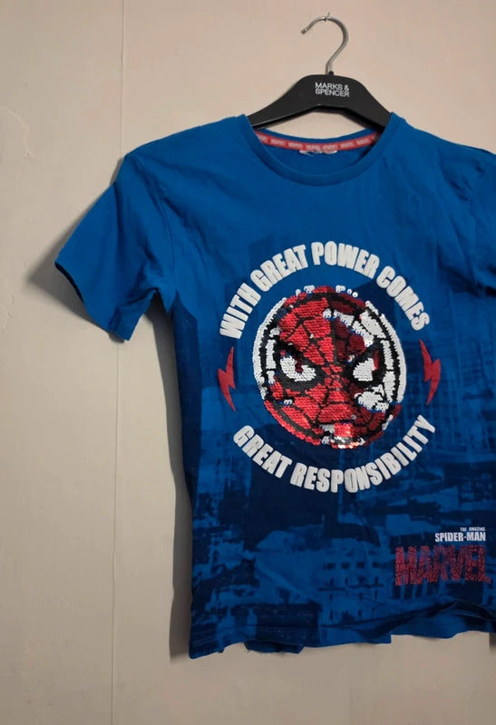 Primark Boys Blue Marvel Spider-Man Sequin T-Shirt Age 7–8 Years