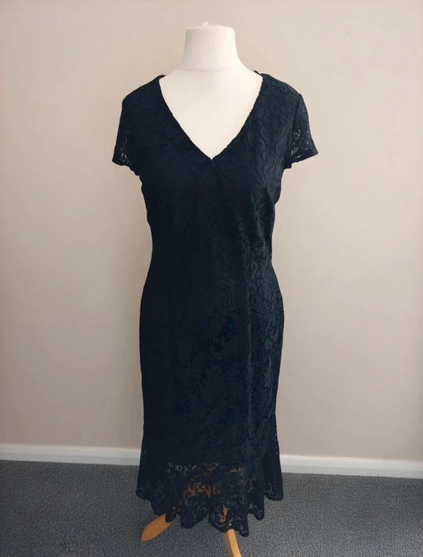 Bonmarche Women's Black Lace Short-Sleeved Sheer Hem Midi Dress NWT Size 12