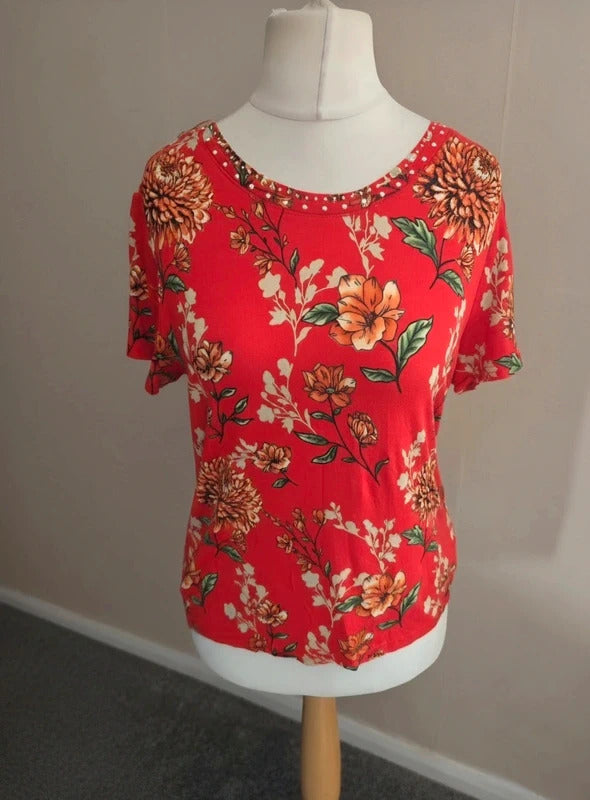 Anna Rose Red Floral Gem Collar Short Sleeved T-Shirt L Size 14-16