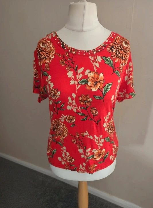 Anna Rose Red Floral Gem Collar Short Sleeved T-Shirt L Size 14-16