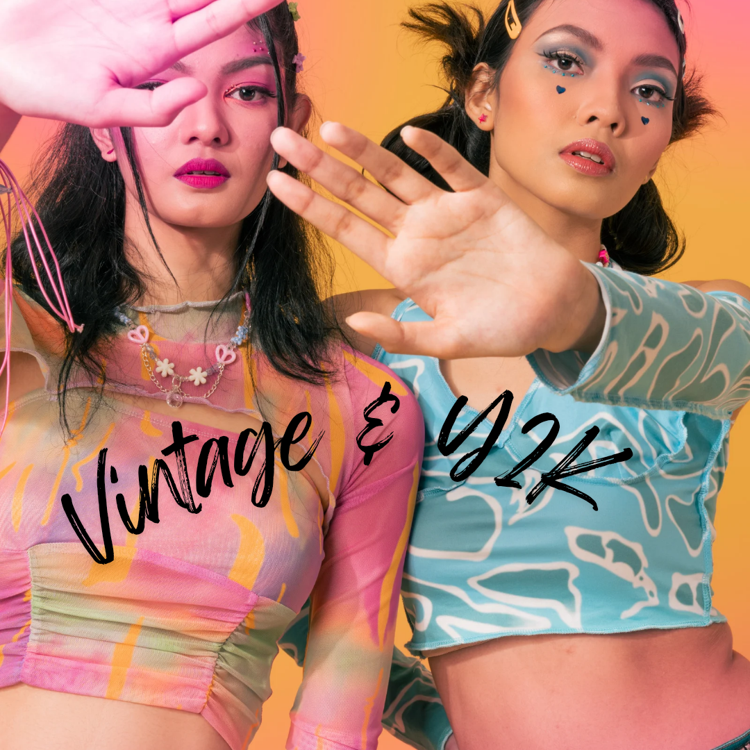 “Two women in colourful retro tops – vintage Y2K fashion style clothing for women UK”