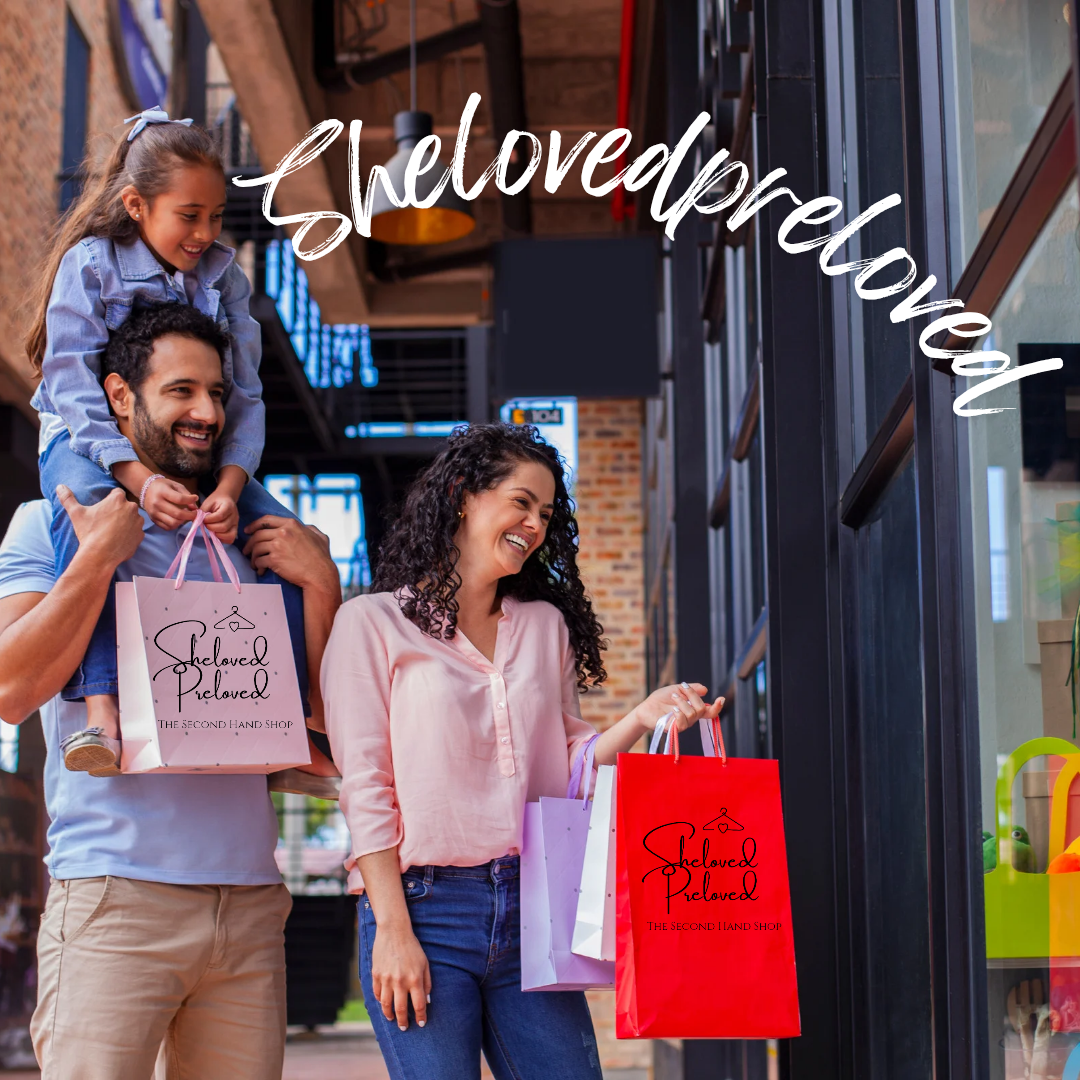 “Happy family shopping with SheLovedPreLoved branded bags – secondhand clothing shop UK”