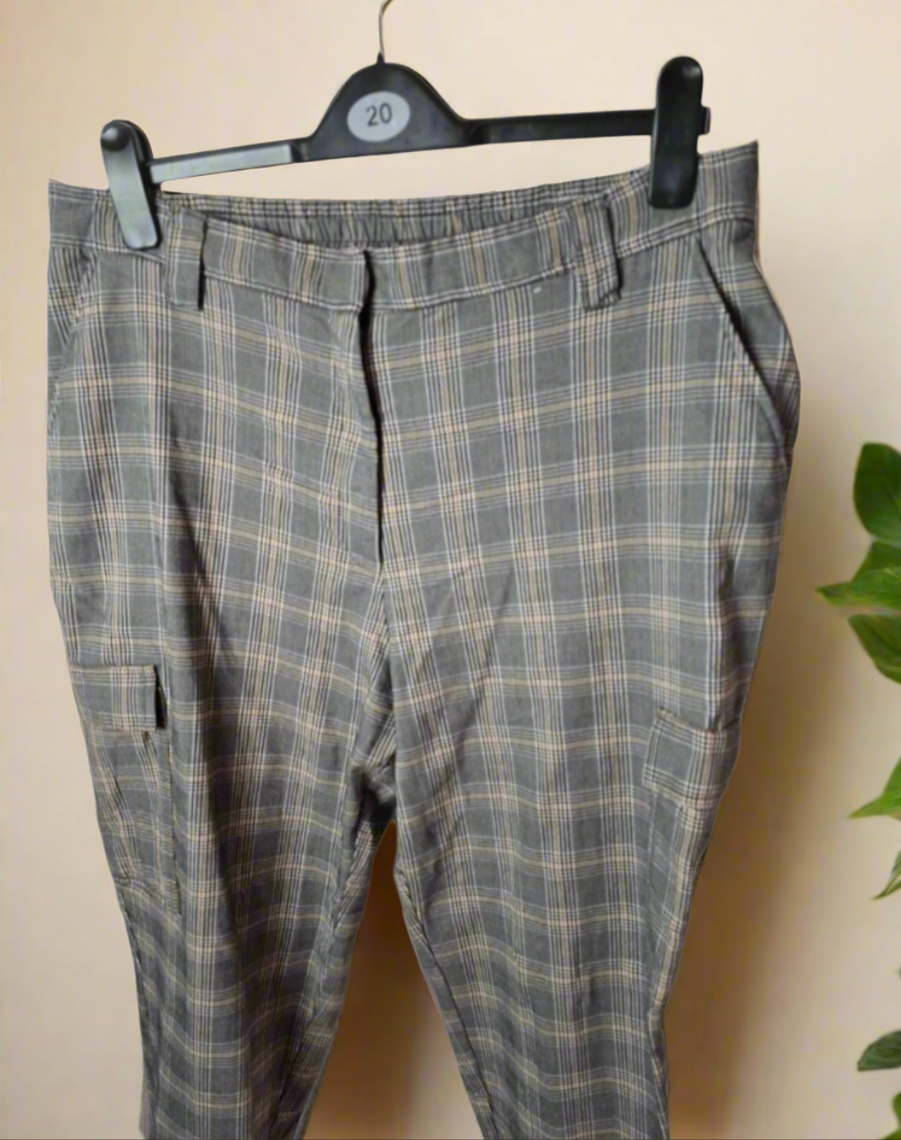 Primark grey checked cuffed elasticated cargo trousers size 18