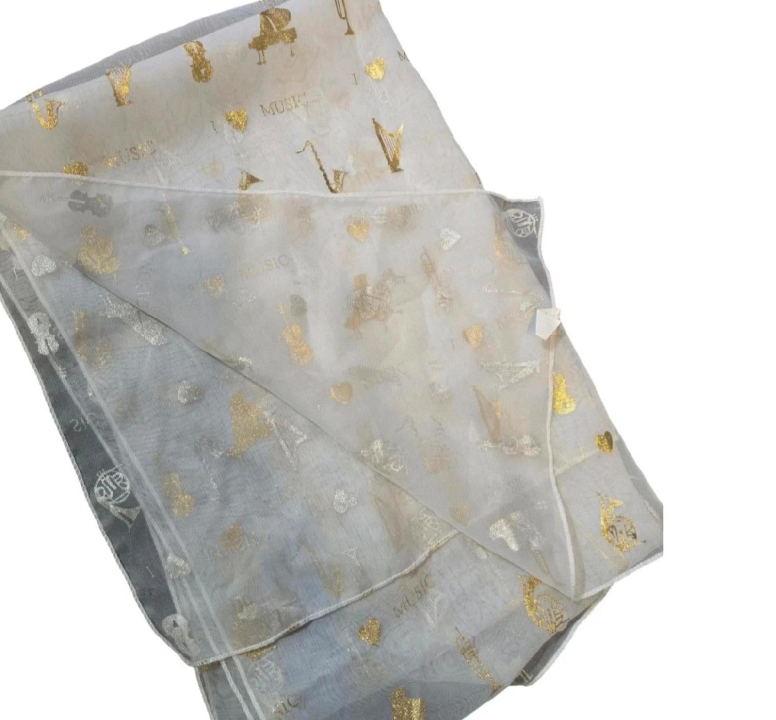 White & gold music print shawl lightweight