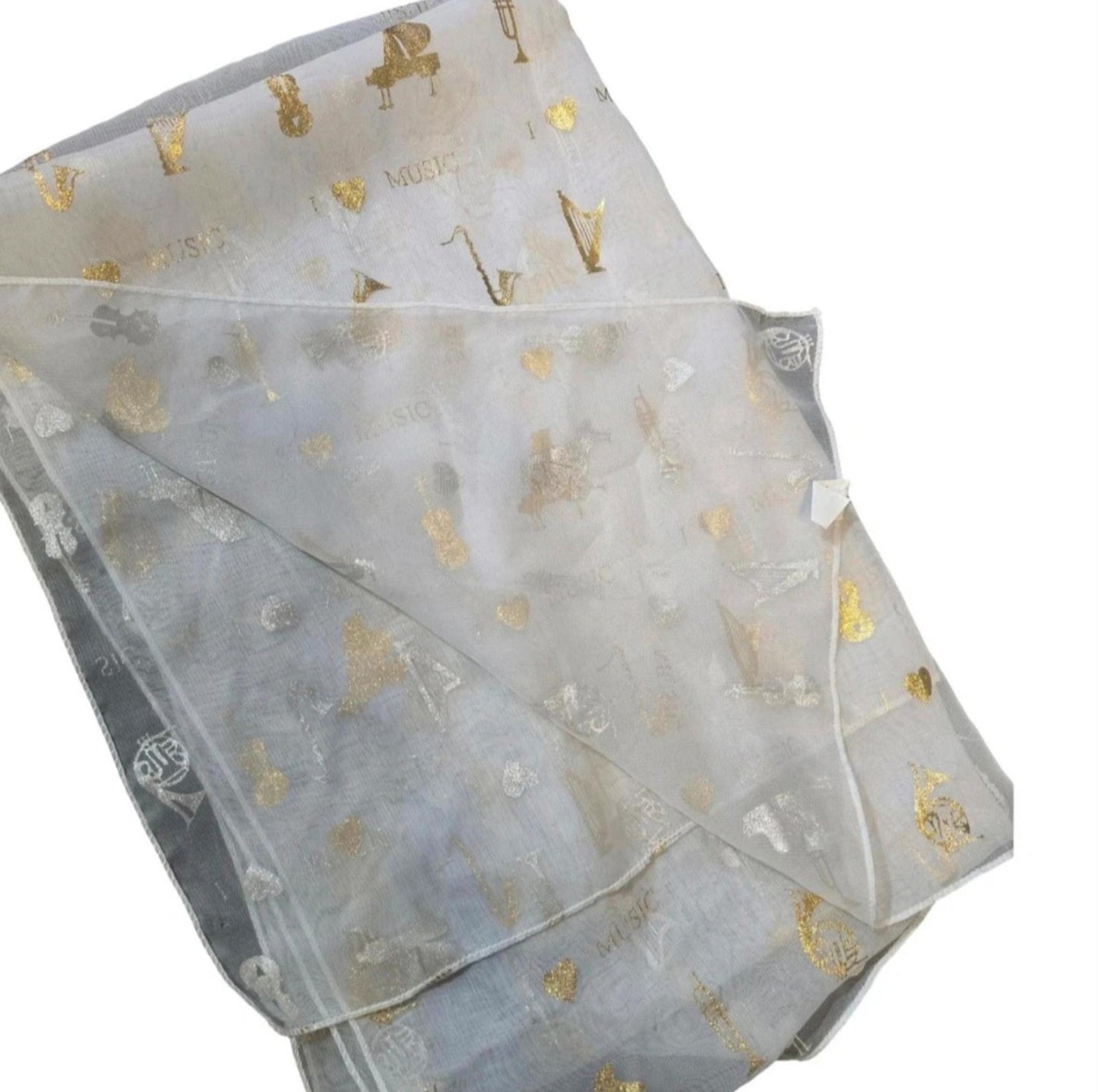 White & gold music print shawl lightweight