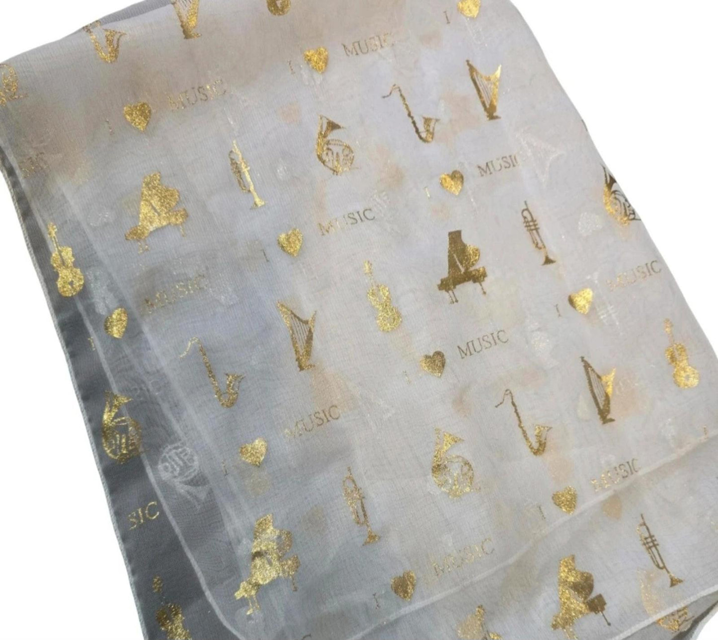 White & gold music print shawl lightweight