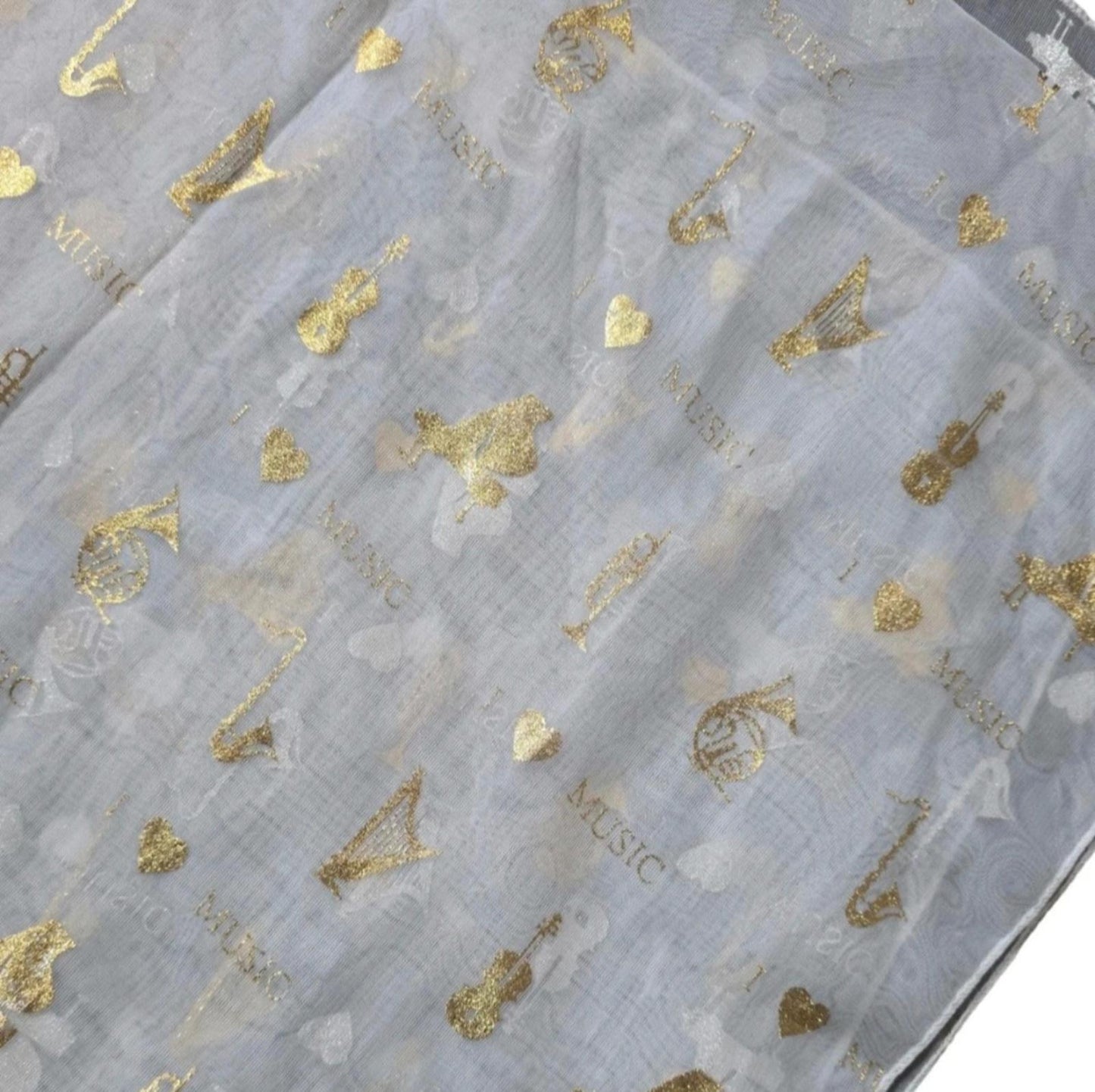 White & gold music print shawl lightweight