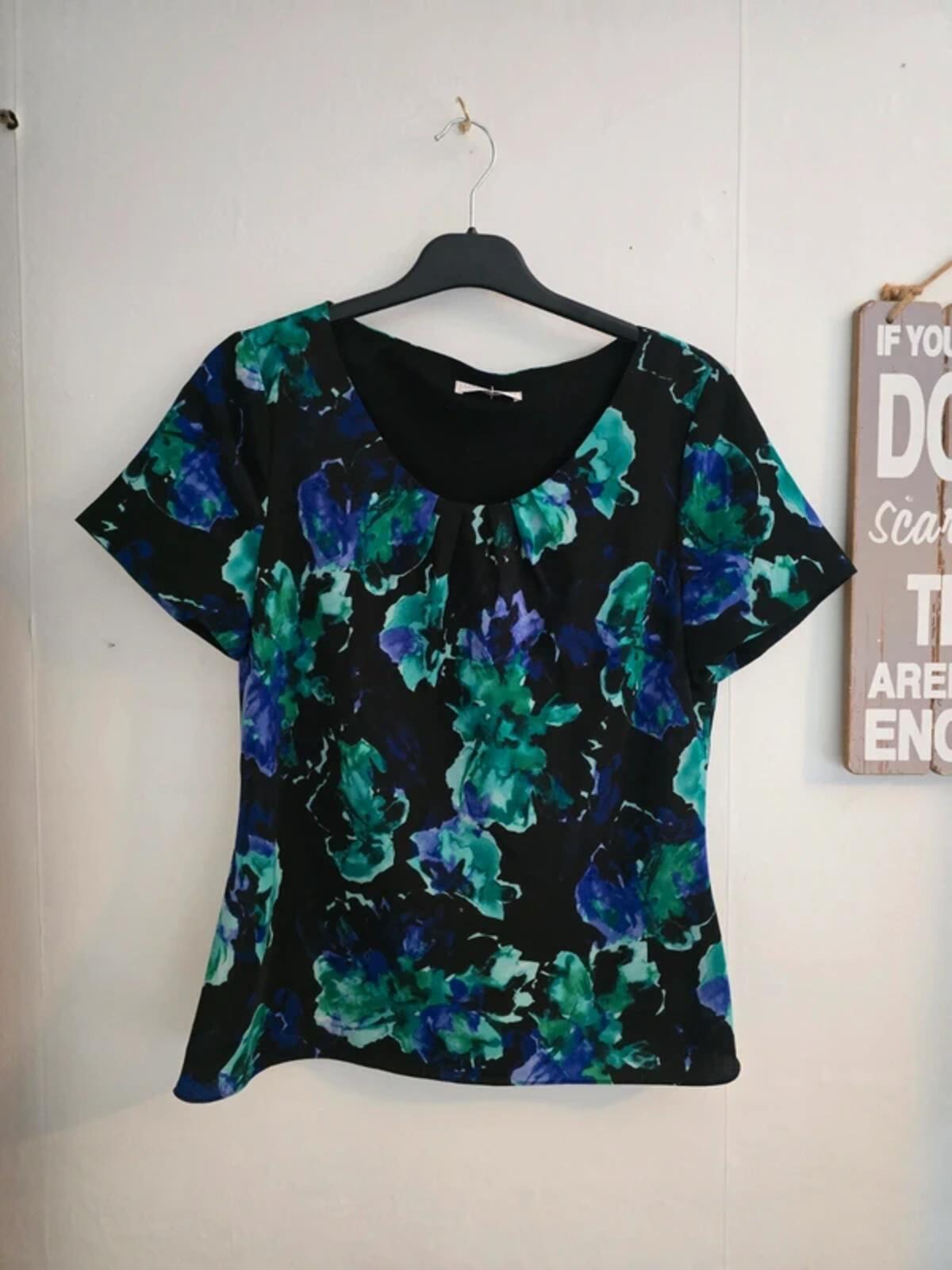 Jacques Vert Black Floral Short-Sleeved Lined Top Size 10