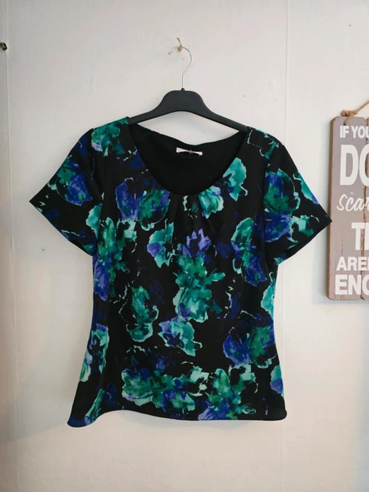 Jacques Vert Black Floral Short-Sleeved Lined Top Size 10
