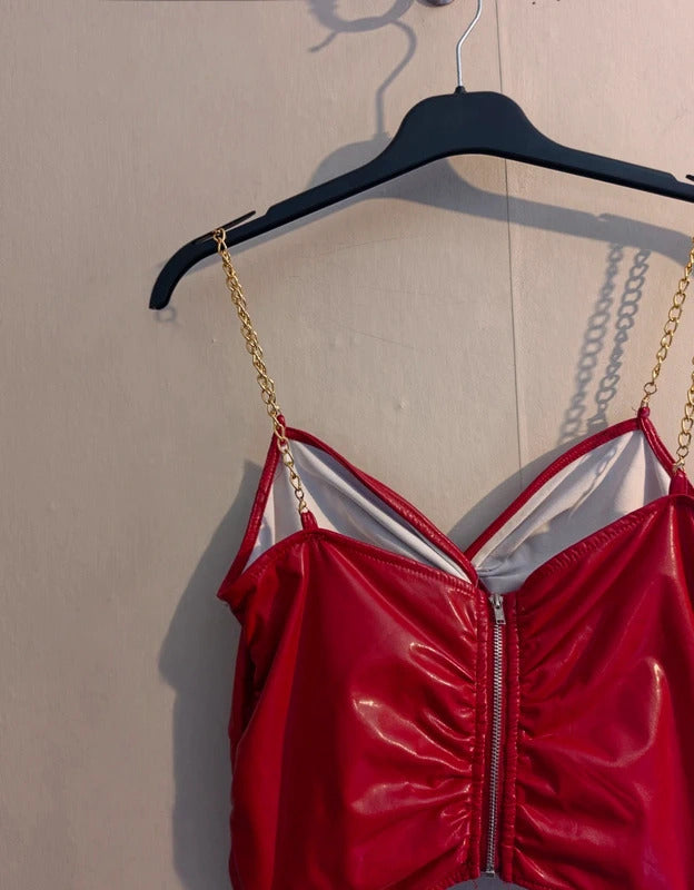 Shein Red Faux Leather Chain Strap Knotted Back Zip Crop Top M Size 10-12