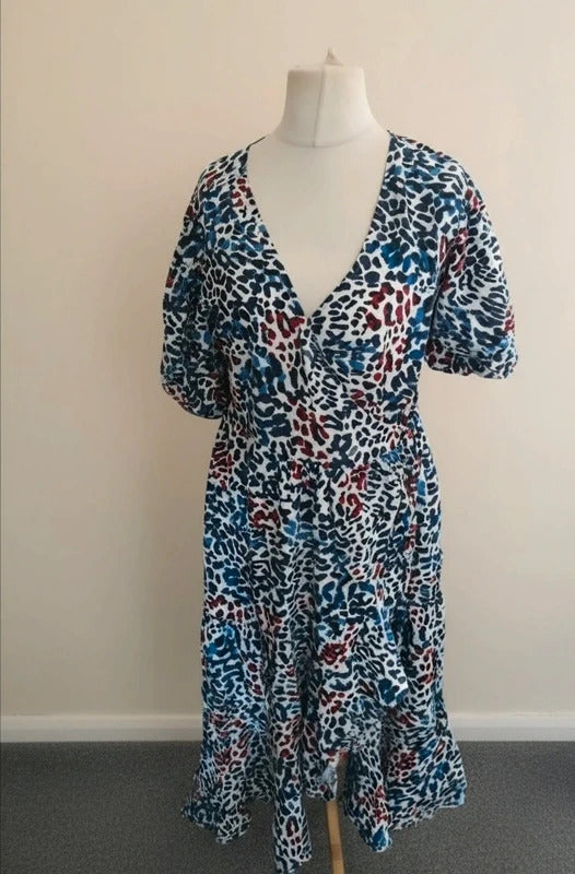 Next Multicoloured Animal Print Midi Wrap Dress with Puff Sleeves Size 12