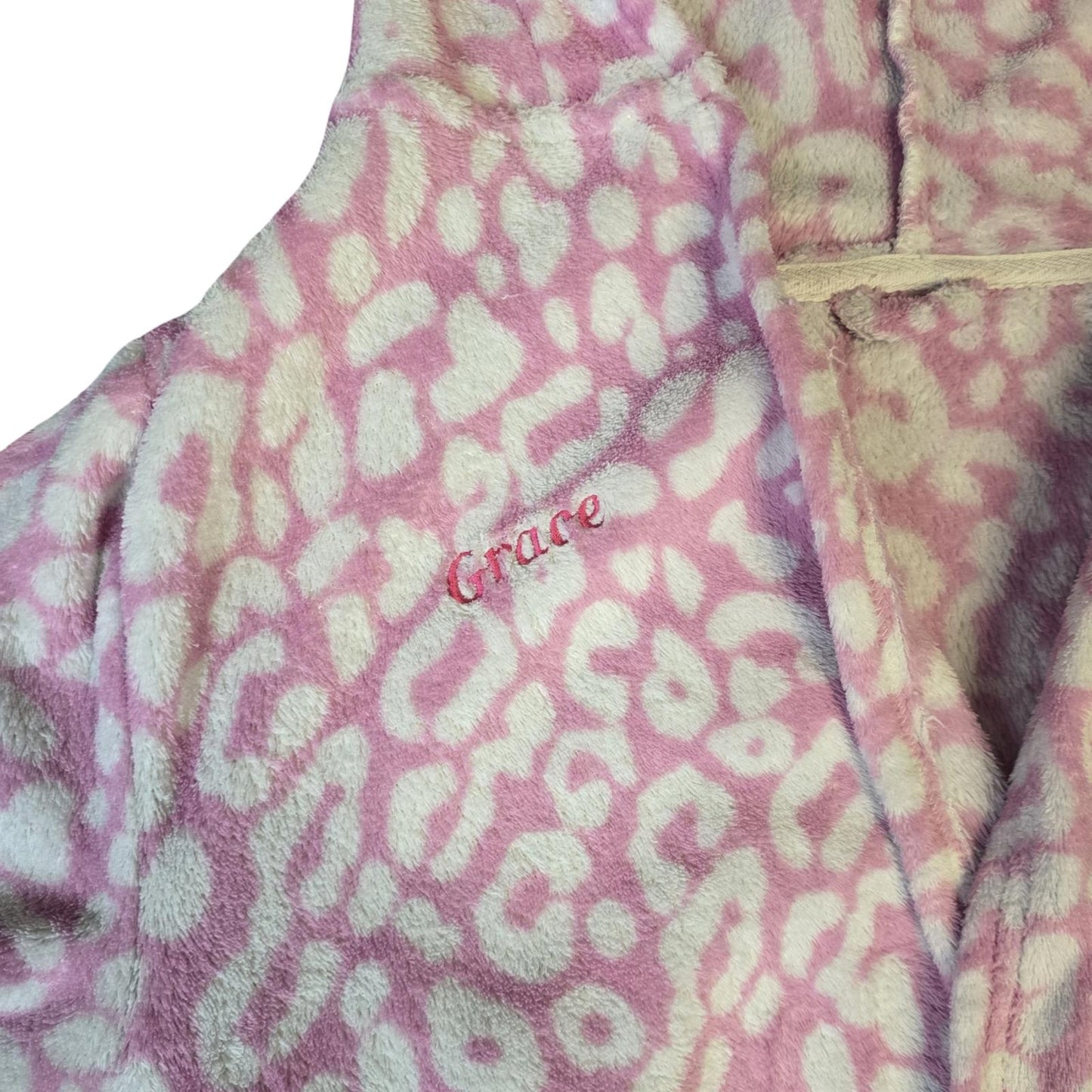 Girls Pink Leopard Print Hooded Dressing Gown – Age 10–11 – Embroidered “Grace”
