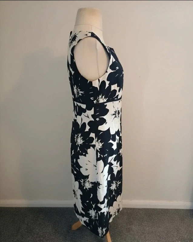 Laura Ashley Monochrome Cotton-Linen Floral Midi Dress Size 14