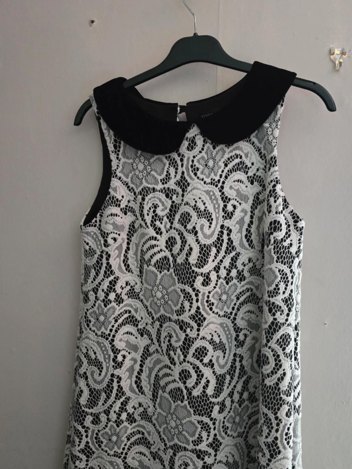 Topshop Black & White Lace Sleeveless A-Line Mini Dress Velvet Collar UK Size 10