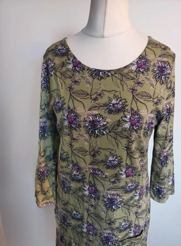 Weird Fish Green Pink & Black Floral Midi Dress Size 14
