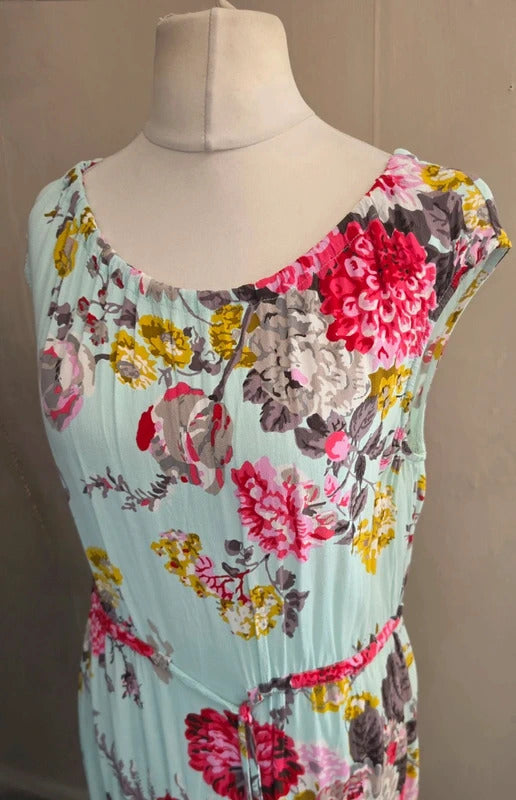 Joules Turquoise Floral Sleeveless Knee Length Drawstring Dress Size 14