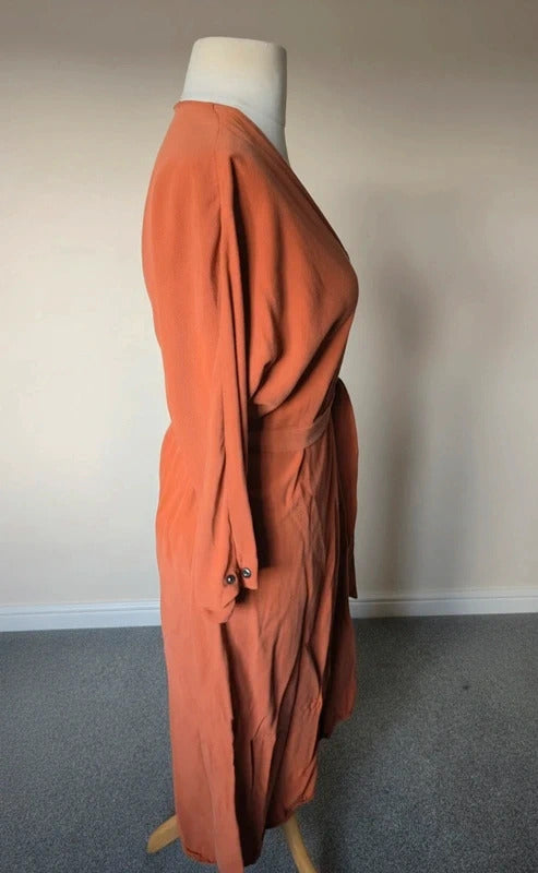 Mango Burnt Orange Belted Midi Oversized Dress – Relaxed Fit L Size 12