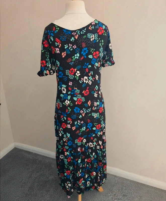 Next Black Multicoloured Floral Button Up Frill Hem Midi Dress Size 12