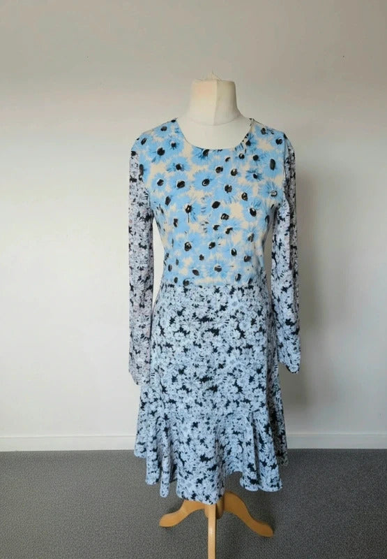 Warehouse Blue Black & White Floral Flared Dress Size 8
