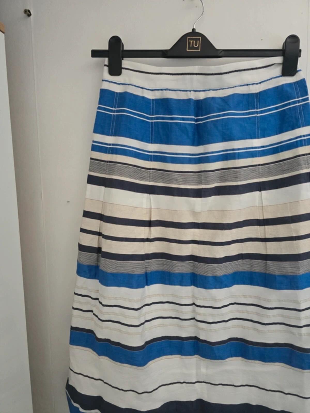 Country Casuals Navy Blue & White Striped Linen Blend Midi Skirt Size 10