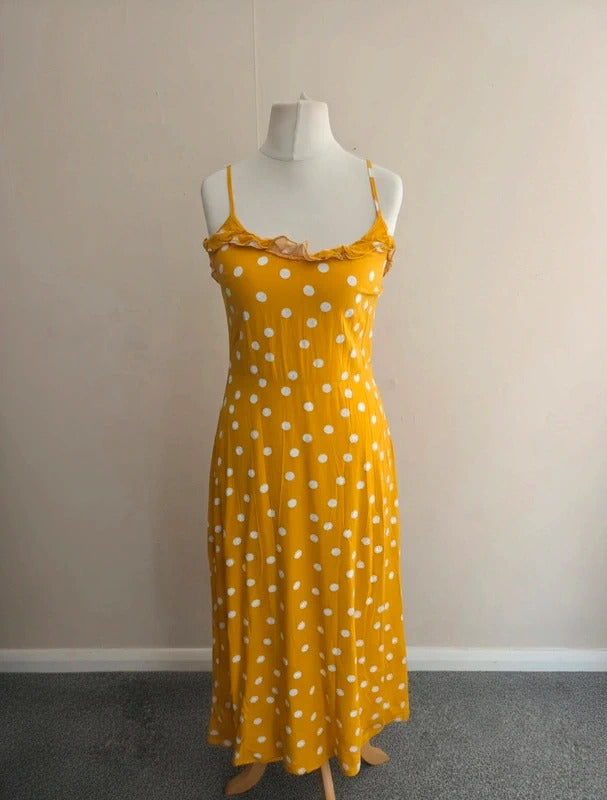 Warehouse Mustard Yellow & White Polka Dot Tie-Back Midi Dress Size 10