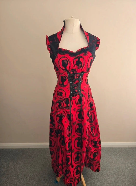 Jawbreaker Red & Black Gothic Cameo Silhouette Midi Dress Punk