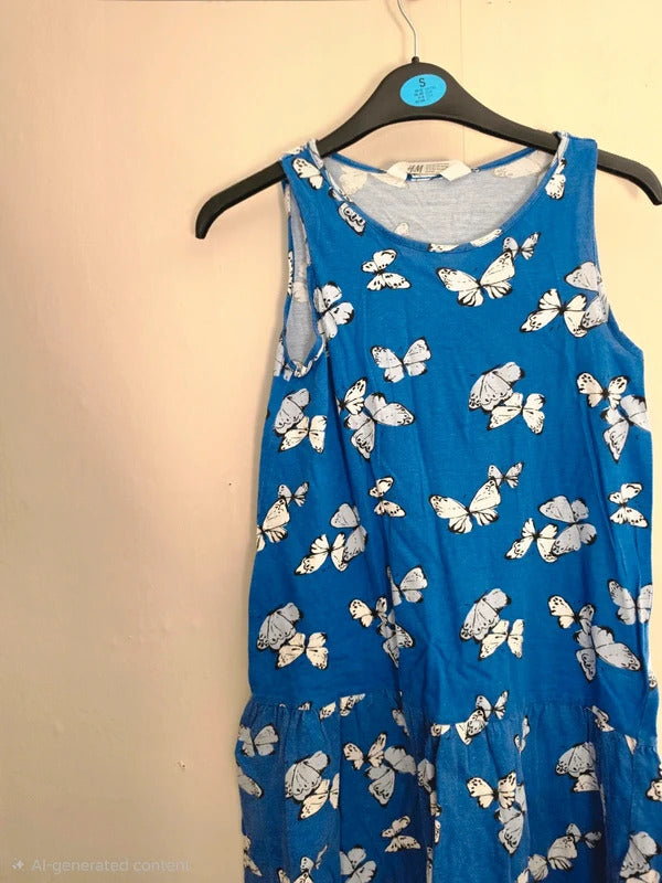 H&M Girls Royal Blue & White Butterfly Print Sleeveless Drop-Waist Dress Age 8-10 Years