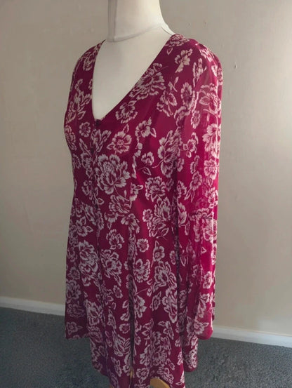 Brave Soul Burgundy White Floral Dress Size 10/12 Long Flared Sleeves Boho Style