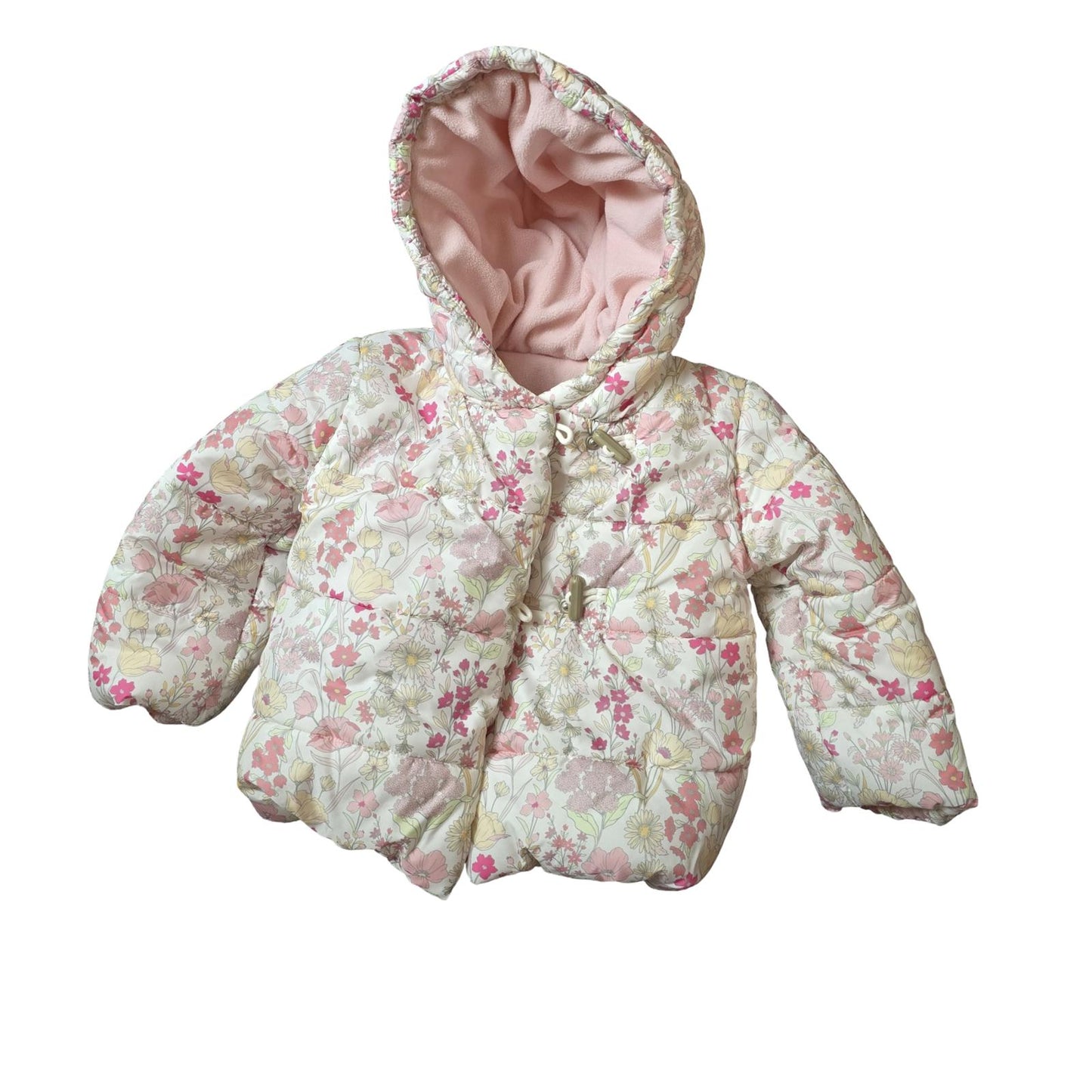 Nutmeg Girls Floral Puffer Coat – 18–24 Months – Hooded & Fleece Lined