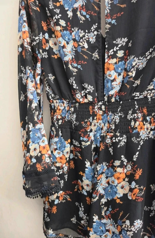 River Island Black Floral Sheer Bell Sleeve Playsuit Size 12