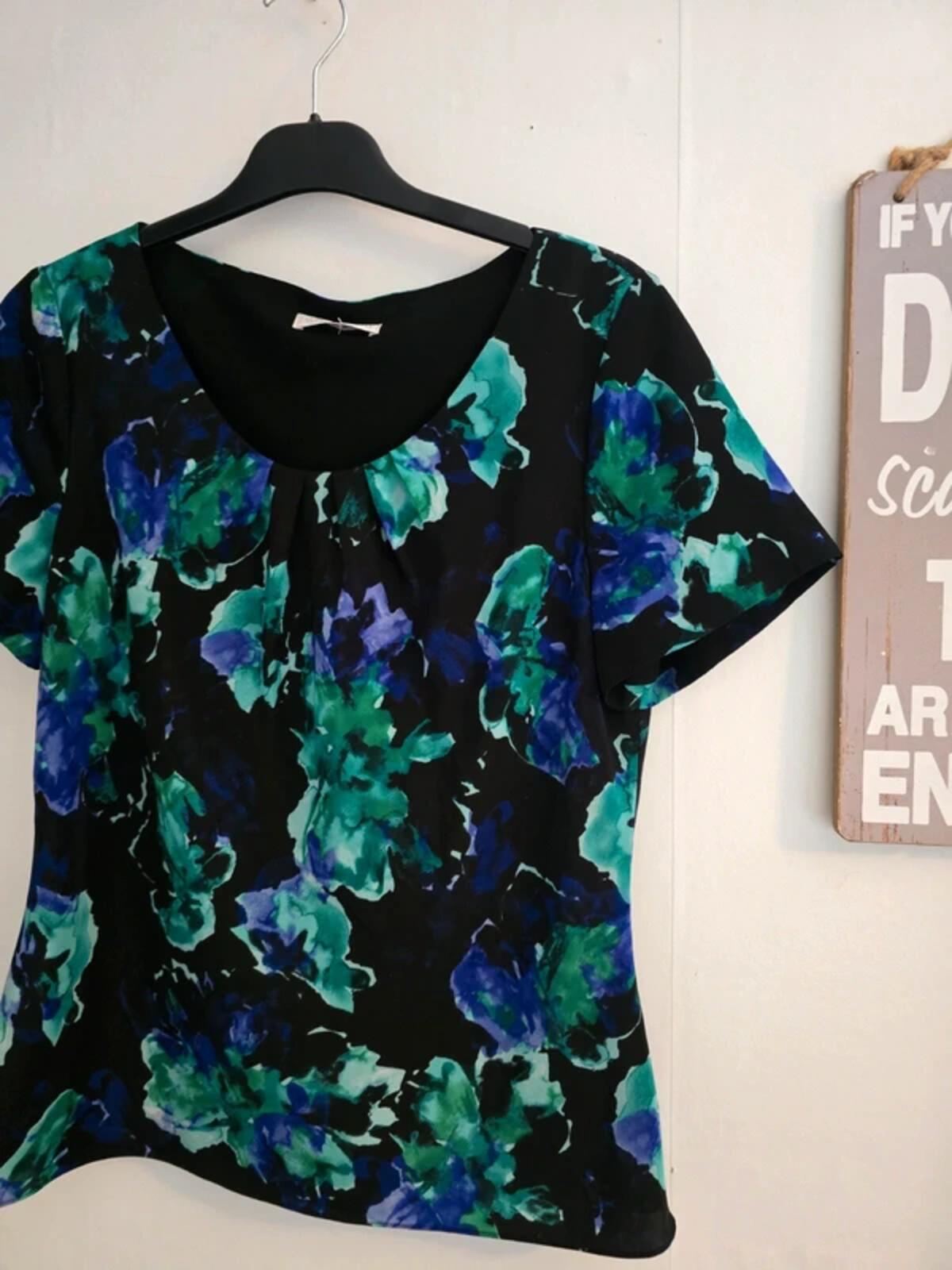 Jacques Vert Black Floral Short-Sleeved Lined Top Size 10