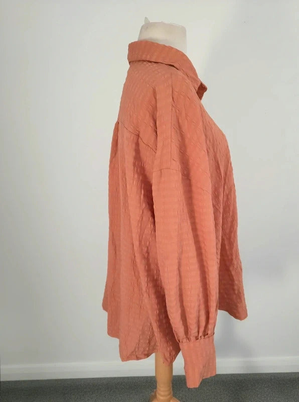 Boohoo Orange Crinkle Textured Oversized Long Sleeve Blouse – Size 16