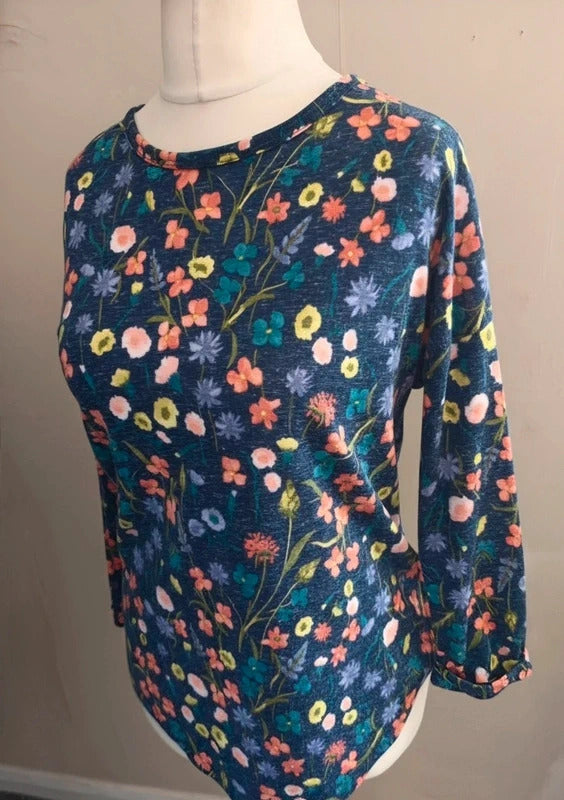 Marks & Spencer Navy Floral Lightweight Relaxed Jumper Linen Blend Size 12