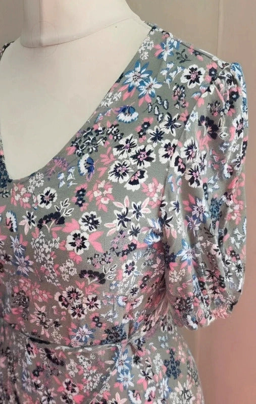 Marks & Spencer Sage Green & Pink Floral Puff Sleeve Midi Dress Size 10