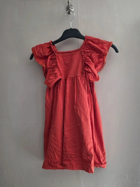 H&M Girls Burnt Orange Frill Detail Cotton Dress Age 4-6 Years