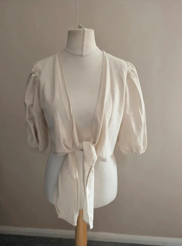 Pretty Lavish Cream Linen Cotton Tie Front Puff Sleeve Kimono Jacket Size 10