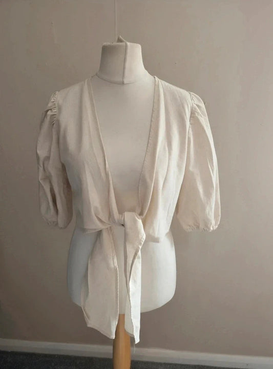 Pretty Lavish Cream Linen Cotton Tie Front Puff Sleeve Kimono Jacket Size 10