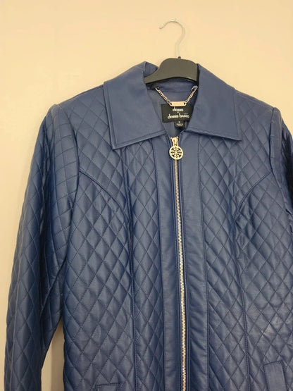 Dennis Basso Navy Blue Quilted Faux Leather Long Jacket Coat Small Size 8-10